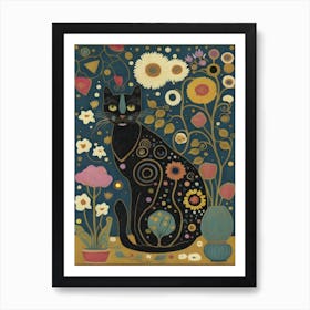 Black Cat With Flowers In The Garden Art Print