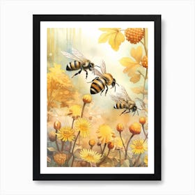 Bumble Bee Mimic Fly  Bee Beehive Watercolour Illustration 3 Art Print