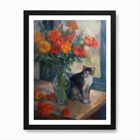 Flower Vase Gladoli With A Cat 1 Impressionism, Cezanne Style Art Print