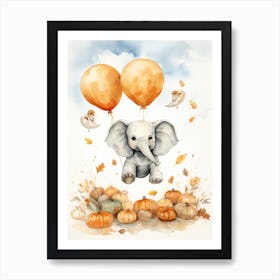 Elephant Flying With Autumn Fall Pumpkins And Balloons Watercolour Nursery 8 Art Print