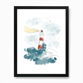 Lighthouse and Waves - Watercolor Art Print