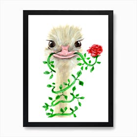 Ostrich With Flower Art Print