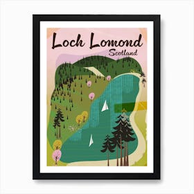 Loch Lamond Scotland travel poster map Art Print