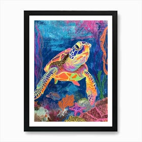 Rainbow Sea Turtle With Marine Plants Crayon Drawing Art Print