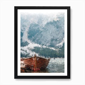 Boat And Snowy Rocks Oil Painting Lanscape Art Print