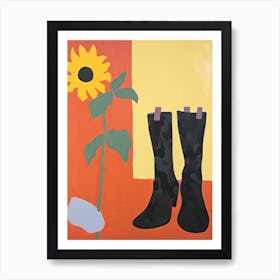 A Painting Of Cowboy Boots With Sunflower Flowers, Pop Art Style 4 Art Print