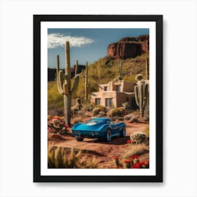 Blue Corvette In The Desert Art Print