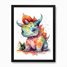 Triceratops Cute Dinosaur Watercolour 1 Art Print