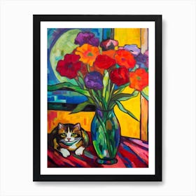 Iris With A Cat 2 Fauvist Style Painting Art Print