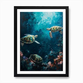 Sea Turtles Illuminated By The Light Underwater 4 Art Print