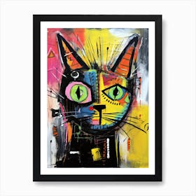 Paws and Street Art: Basquiat's style Black Cat Odyssey Art Print
