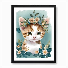 Floral Cute Calico Cat Watercolor (1) Art Print