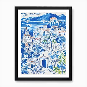 Italy, Amalfi Coast Cute Illustration In Blue 2 Art Print