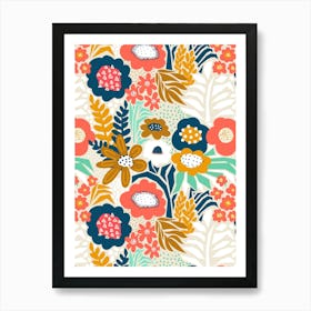 Paper Cut And Doodle Floral Collage Navy Gold Pink Mint Art Print