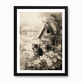 Sepia Drawing Of Kittens With A Medieval Village 2 Art Print