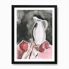 Jug And Pears Watercolor Painting hand painted vertical ink black red kitchen art artwork  Art Print