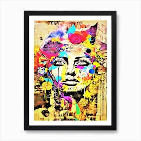 Mail Art Model - Womans Face With Flowers Art Print