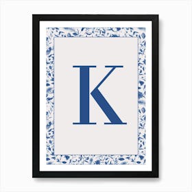 Letter K Monogram Initial Blue Art Print