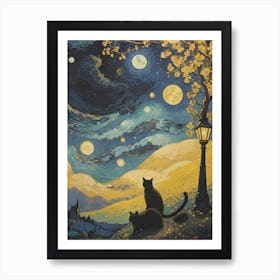 Van Gogh Paint Cat Starry Night Art Print