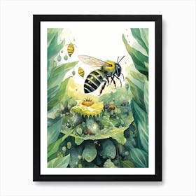 Green Metallic Sweat  Bee Beehive Watercolour Illustration 3 Art Print