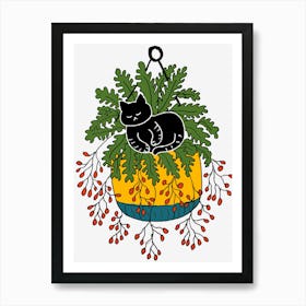 Black Cat Sleeping In A Hanging Yellow Plant Pot Big Leaves And Red Berry Fruits Beautiful Aesthetic Design 1 Art Print