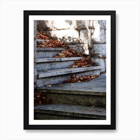 Autumn Fall Leaves Stairs Grey Orange Beige Nature Melancholic Photo Vertical Photography Living Room Bedroom Art Print