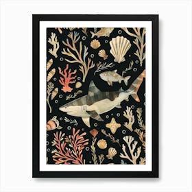 Smallscale Cookiecutter Shark Seascape Black Background Illustration 2 Art Print