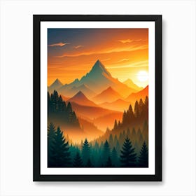 Sunset Landscape With Mountains And Trees Art Print