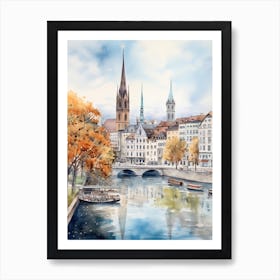 Zurich Switzerland In Autumn Fall, Watercolour 1 Art Print
