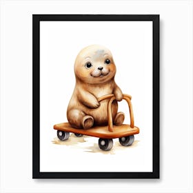 Baby Seal On A Toy Car, Watercolour Nursery 3 Art Print