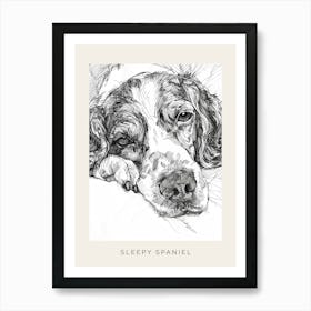 Detailed Sleepy Spaniel Dog Black & White Poster Art Print