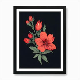 Red Flowers On Black Background 1 Art Print