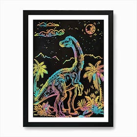 Colourful Dinosaur Neon Line Illustration 2 Art Print