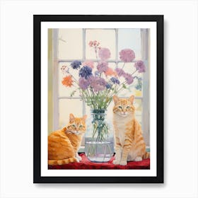 Cat With Queen Annes Flowers Watercolor Mothers Day Valentines 2 Art Print