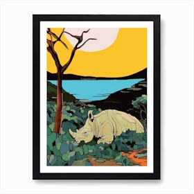 Rhino Relaxing In The Bushes Simple Illustration 2 Art Print