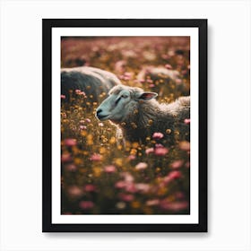 Sheeps In Flower Field Art Print