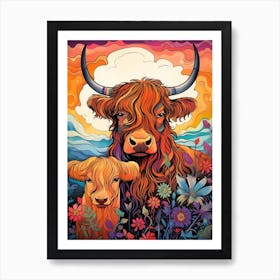 Colourful Doodle Highland Cow With Calf Illustration  Art Print