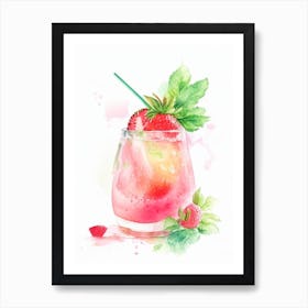 Strawberry Mojito, Cocktail, Drink Gouache Art Print