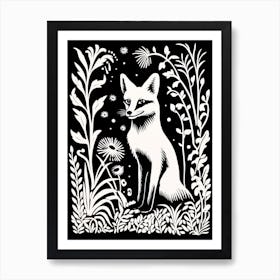 Fox In The Forest Linocut Illustration 8  Art Print