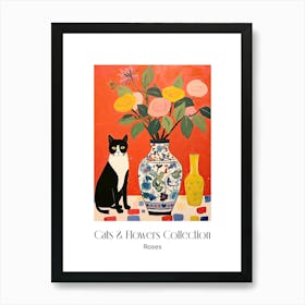 Cats & Flowers Collection Rose Flower Vase And A Cat, A Painting In The Style Of Matisse 0 Art Print