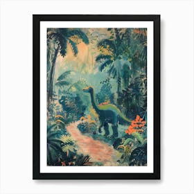 Storybook Teal Dinosaur In The Jungle Art Print