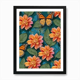 Seamless Pattern With Monarch Butterflies 2 Art Print