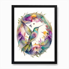 Hummingbird And Mandala Cute Neon 1 Art Print