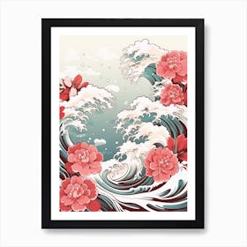 Great Wave With Rose Flower Drawing In The Style Of Ukiyo E 2 Art Print