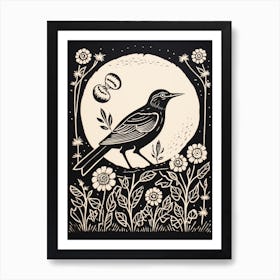 B&W Bird Linocut Mockingbird 1 Art Print