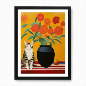 Gerbera Daisy Flower Vase And A Cat, A Painting In The Style Of Matisse 1 Art Print