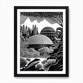 Gardens By The Bay, 1, Singapore Linocut Black And White Vintage Art Print