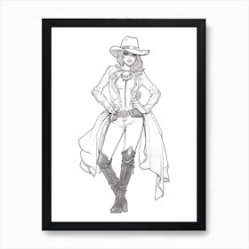 Line Art Cowgirl Illustration 2 Art Print