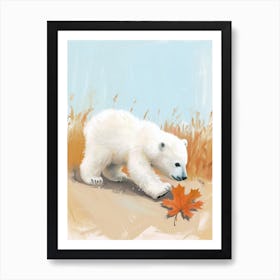 Polar Bear Cub Playing With A Fallen Leaf Storybook Illustration 4 Art Print
