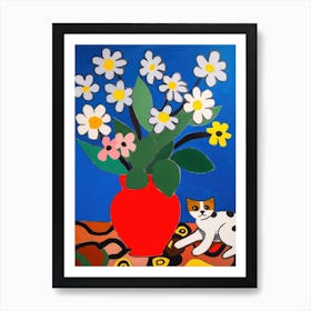 A Painting Of A Still Life Of A Daisies With A Cat In The Style Of Matisse 4 Art Print